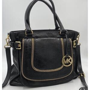 MICHAEL KORS Naomi Large Satchel Black Luxury Leather Zippers Handbag Purse Bag‎